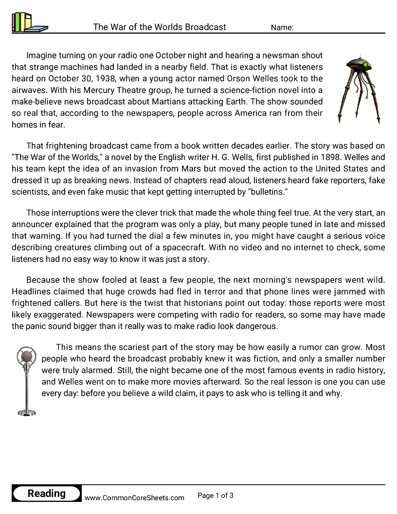 31 Days of Halloween Reading - The War of the Worlds Broadcast worksheet
