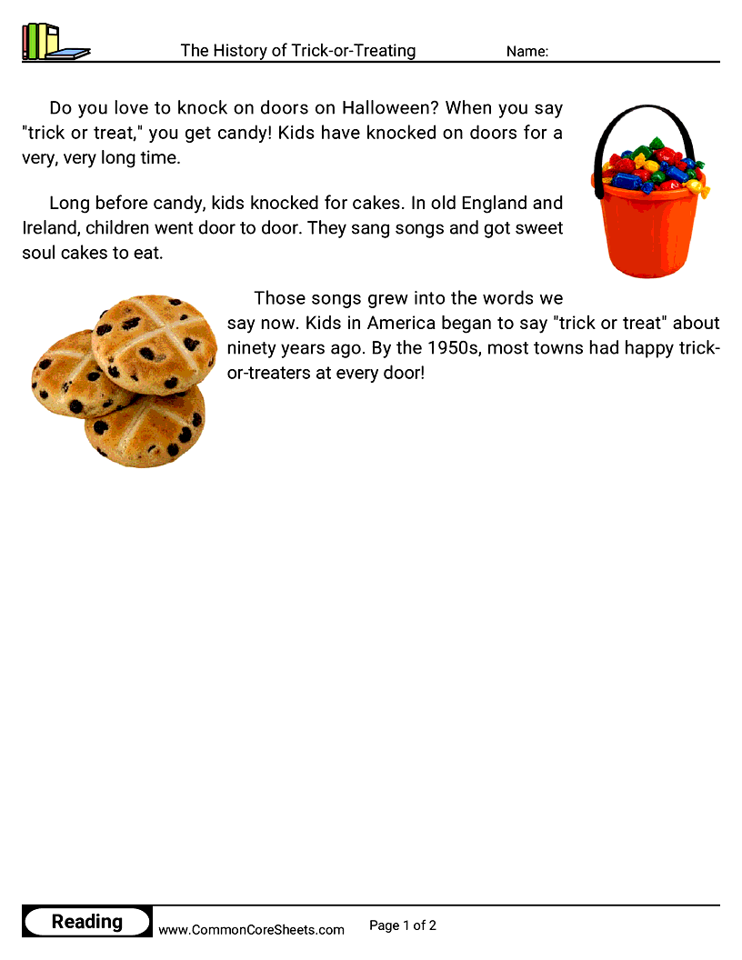 1st Grade 31 Days of Halloween Reading - The History of Trick-or-Treating worksheet