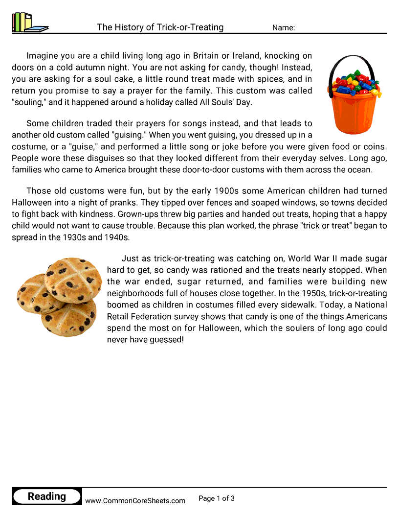 3rd Grade 31 Days of Halloween Reading - The History of Trick-or-Treating worksheet
