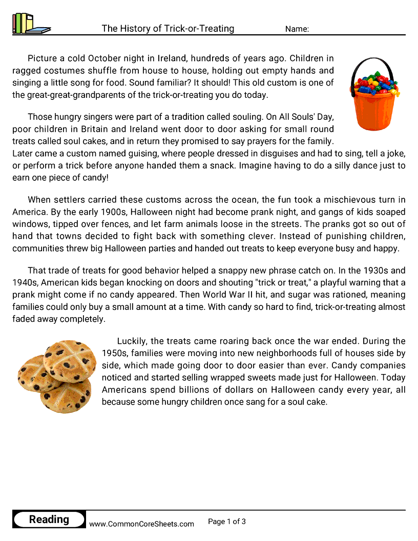 4th Grade 31 Days of Halloween Reading - The History of Trick-or-Treating worksheet
