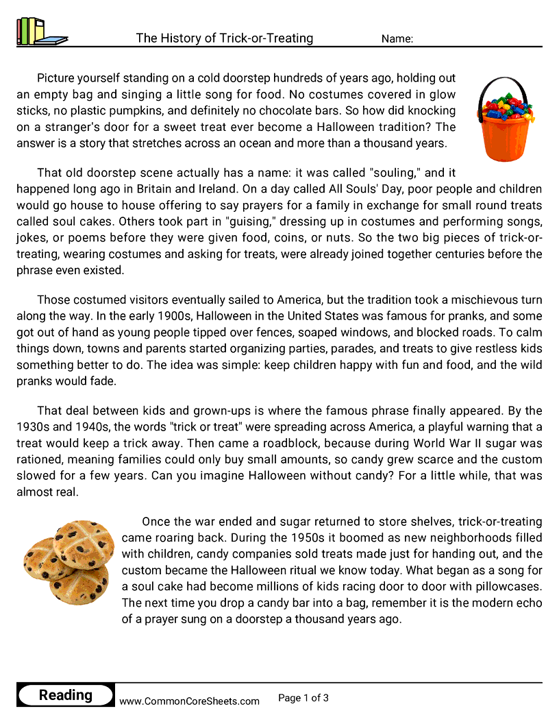 5th Grade 31 Days of Halloween Reading - The History of Trick-or-Treating worksheet