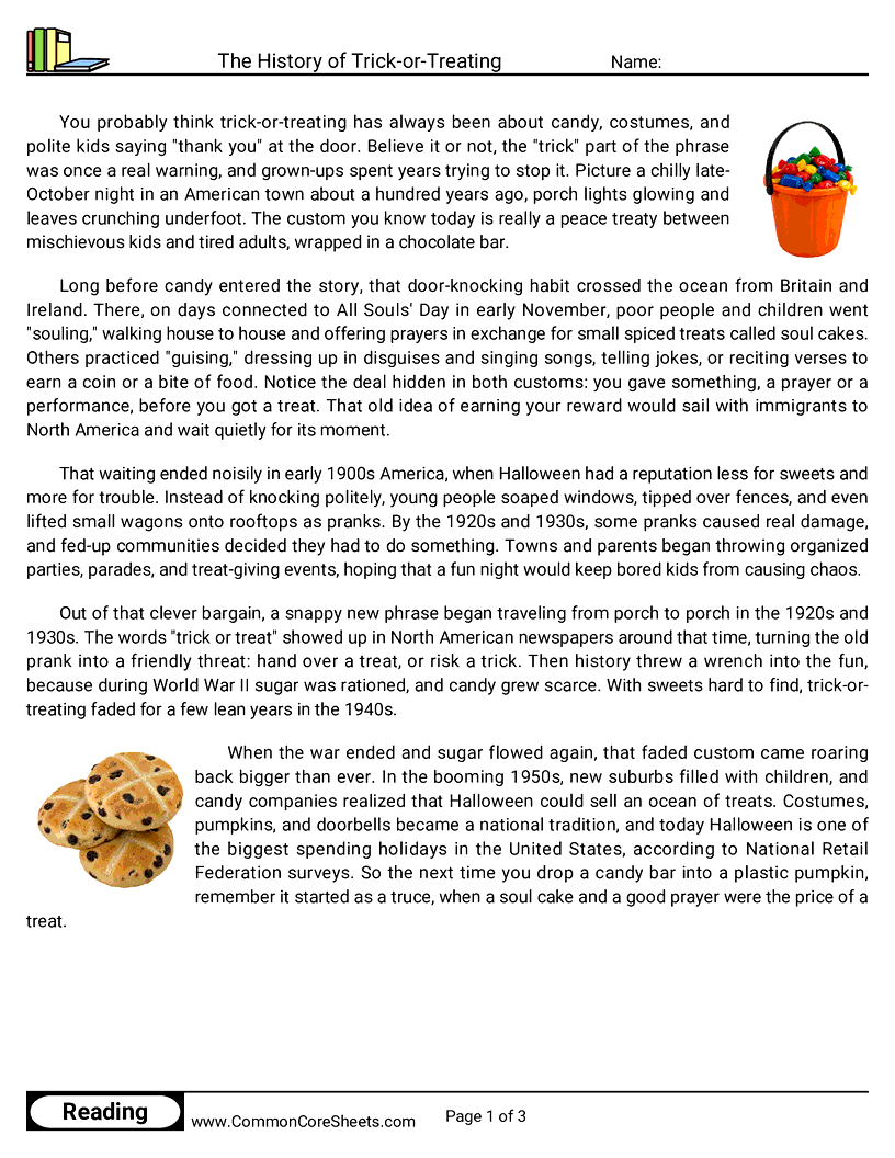 6th Grade 31 Days of Halloween Reading - The History of Trick-or-Treating worksheet