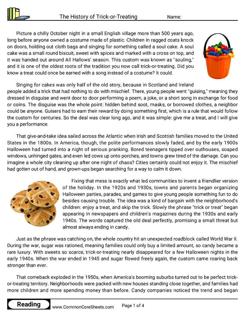 7th Grade 31 Days of Halloween Reading - The History of Trick-or-Treating worksheet