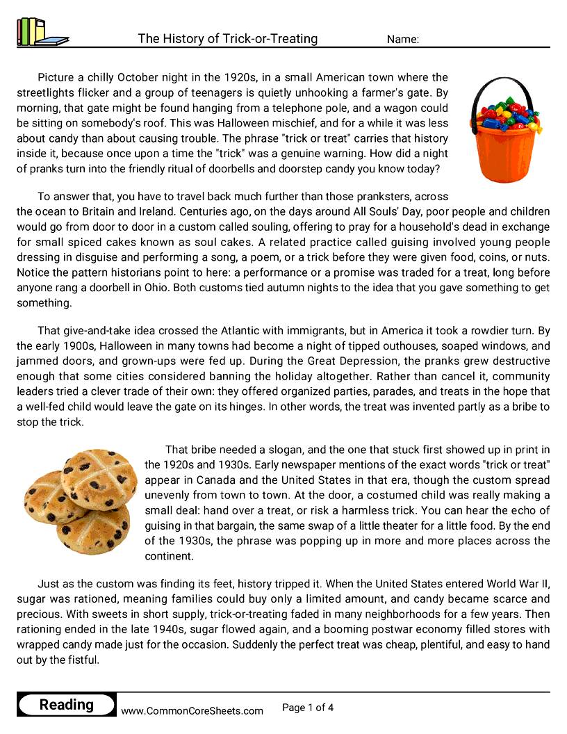 8th Grade 31 Days of Halloween Reading - The History of Trick-or-Treating worksheet