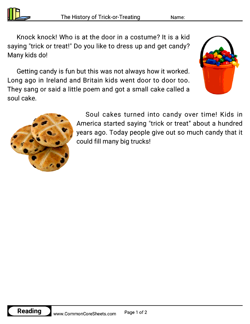 Kindergarten 31 Days of Halloween Reading - The History of Trick-or-Treating worksheet