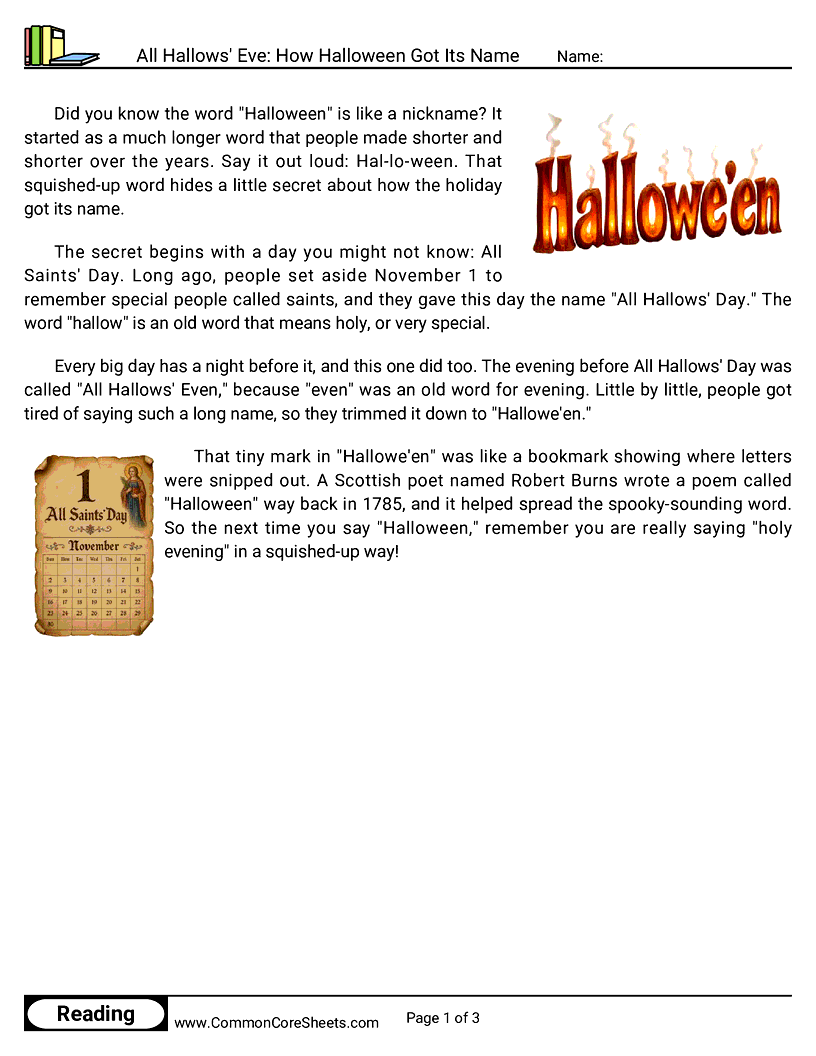 2nd Grade 31 Days of Halloween Reading - All Hallows' Eve: How Halloween Got Its Name worksheet