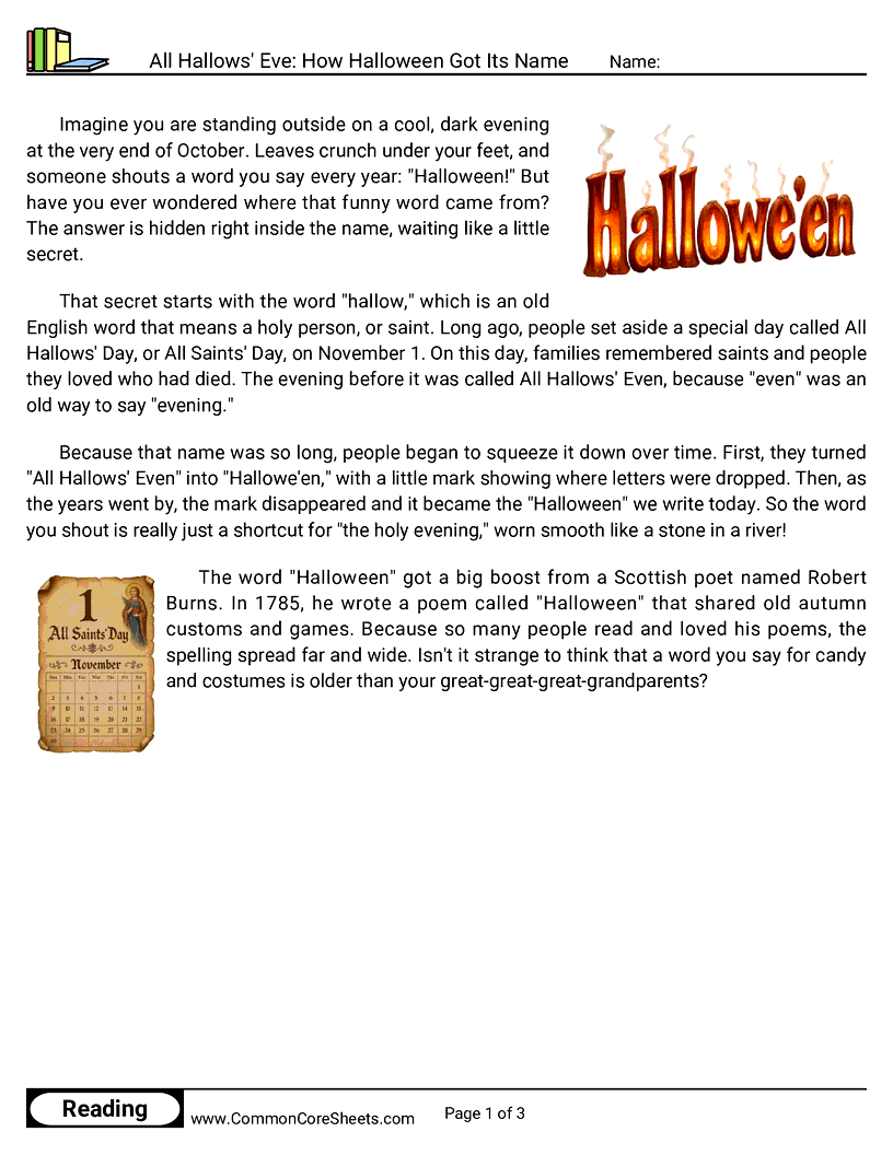 3rd Grade 31 Days of Halloween Reading - All Hallows' Eve: How Halloween Got Its Name worksheet