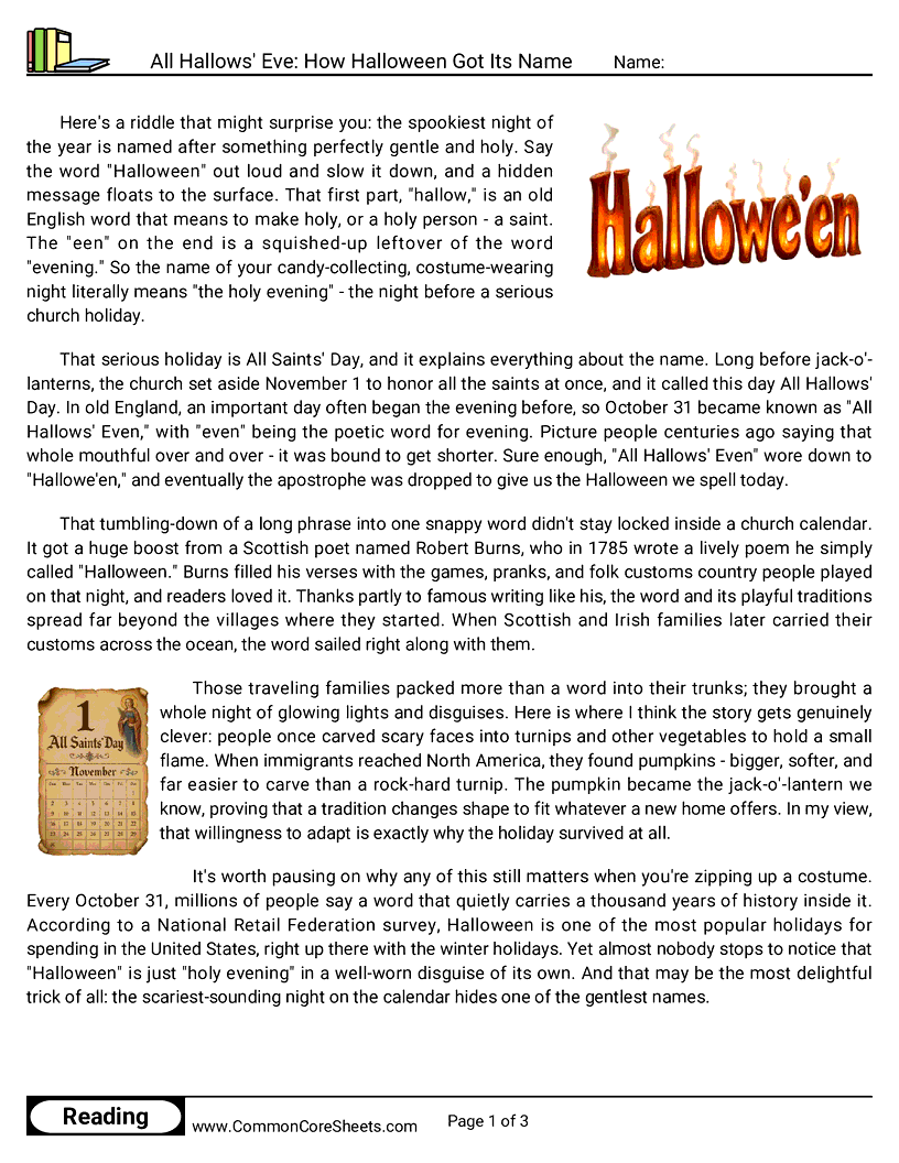6th Grade 31 Days of Halloween Reading - All Hallows' Eve: How Halloween Got Its Name worksheet