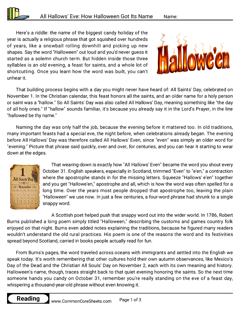 7th Grade 31 Days of Halloween Reading - All Hallows' Eve: How Halloween Got Its Name worksheet