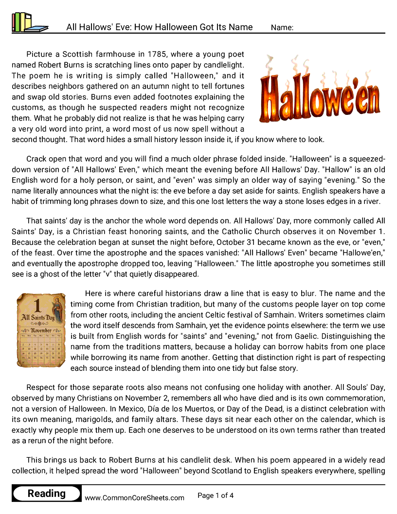 8th Grade 31 Days of Halloween Reading - All Hallows' Eve: How Halloween Got Its Name worksheet
