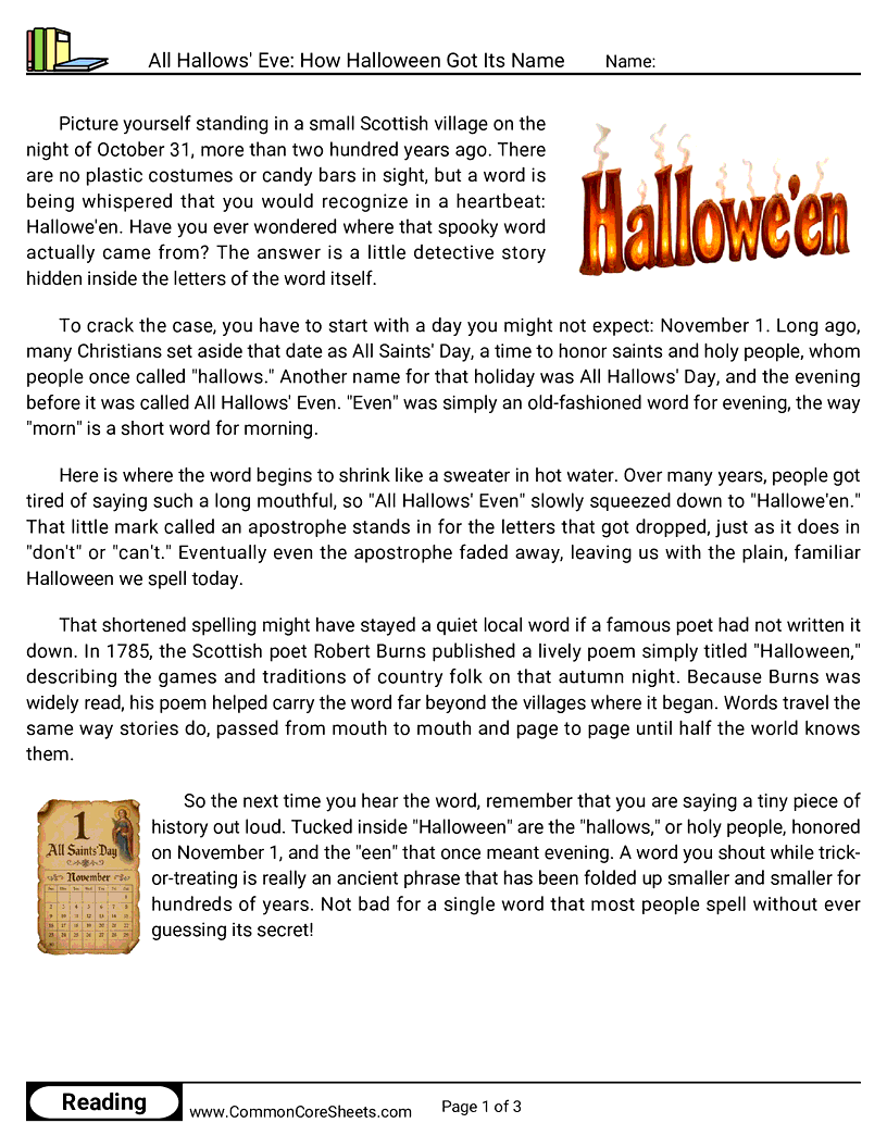 31 Days of Halloween Reading - All Hallows' Eve: How Halloween Got Its Name worksheet