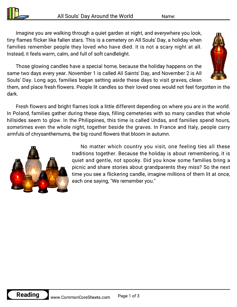 3rd Grade 31 Days of Halloween Reading - All Souls' Day Around the World worksheet
