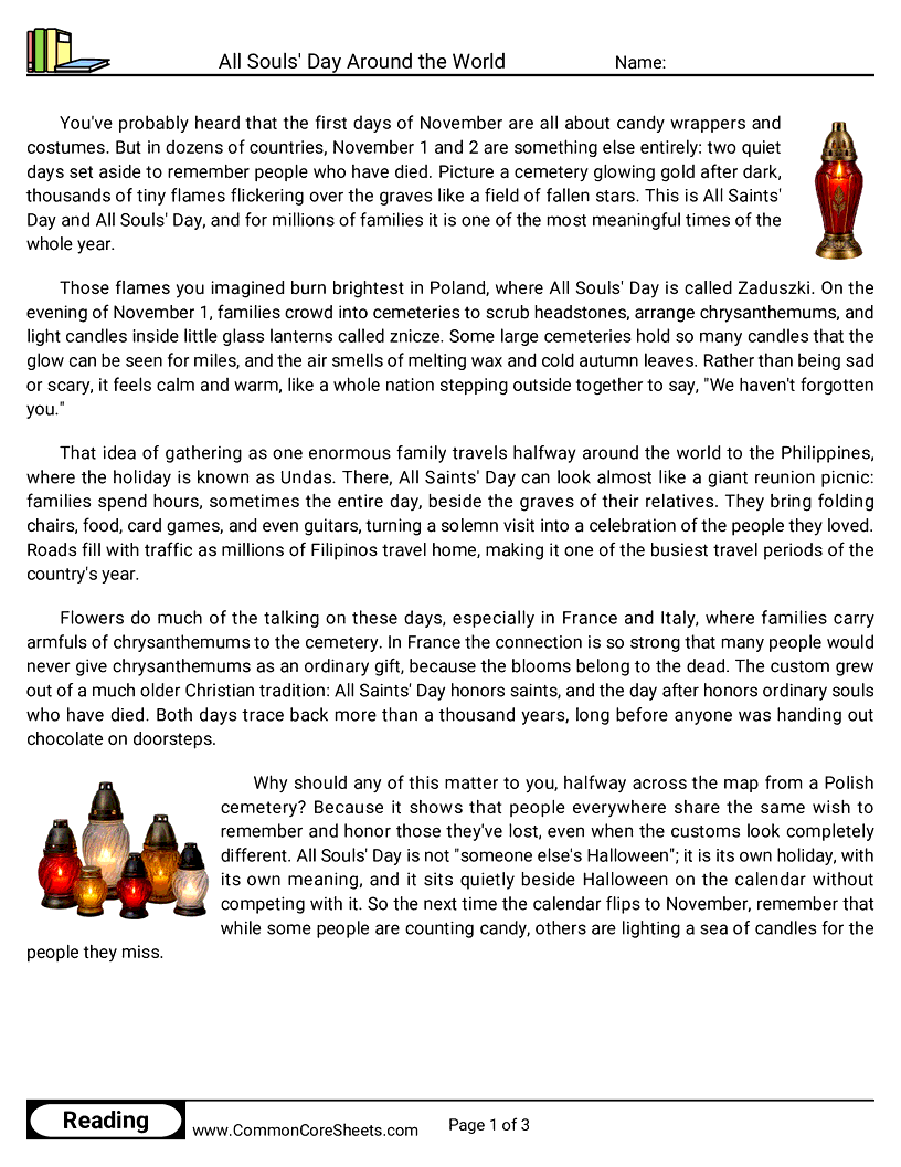 6th Grade 31 Days of Halloween Reading - All Souls' Day Around the World worksheet