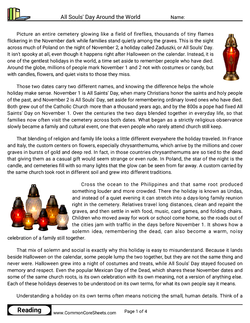 7th Grade 31 Days of Halloween Reading - All Souls' Day Around the World worksheet