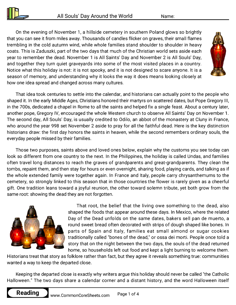 8th Grade 31 Days of Halloween Reading - All Souls' Day Around the World worksheet