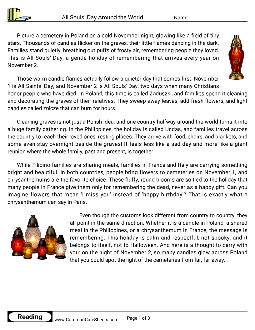 31 Days of Halloween Reading - All Souls' Day Around the World worksheet