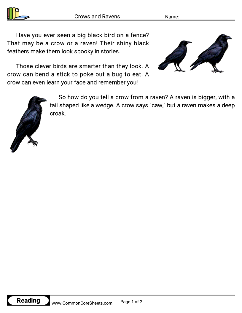 1st Grade 31 Days of Halloween Reading - Crows and Ravens worksheet