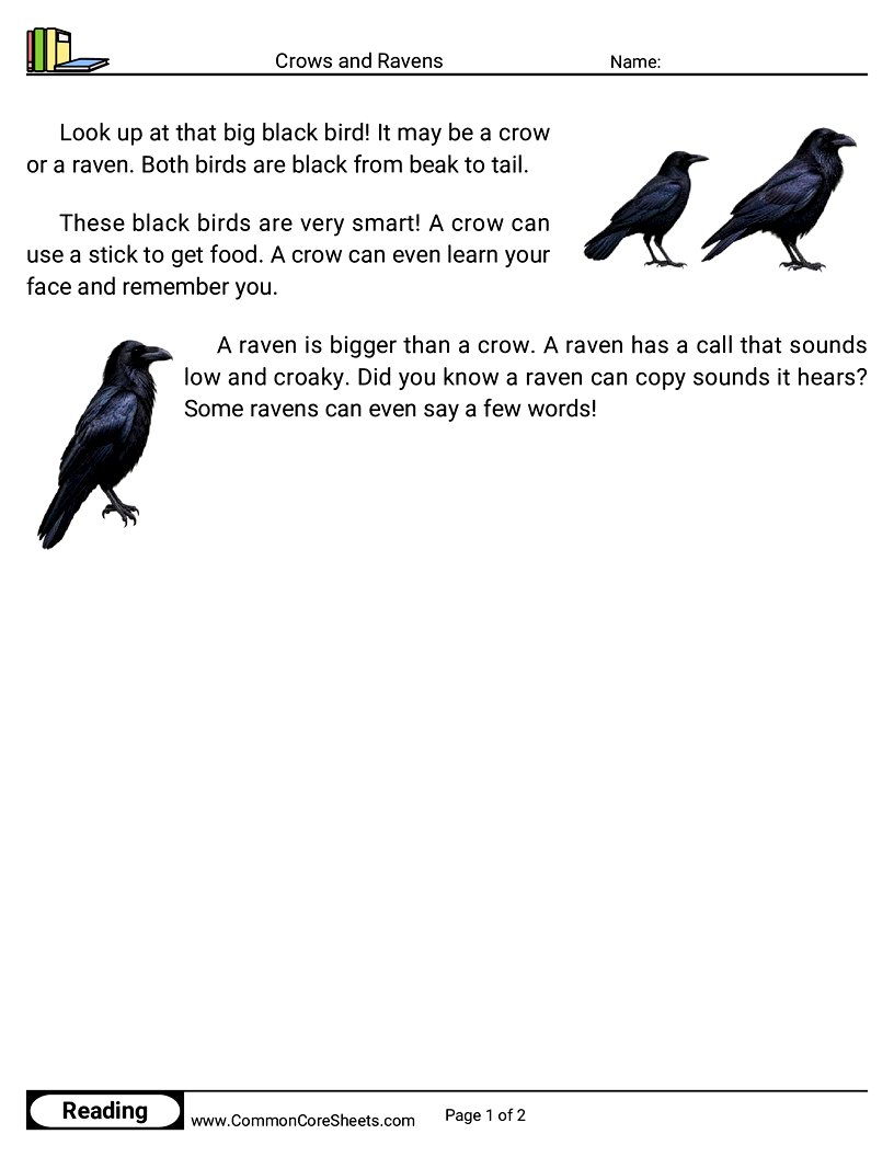 Kindergarten 31 Days of Halloween Reading - Crows and Ravens worksheet