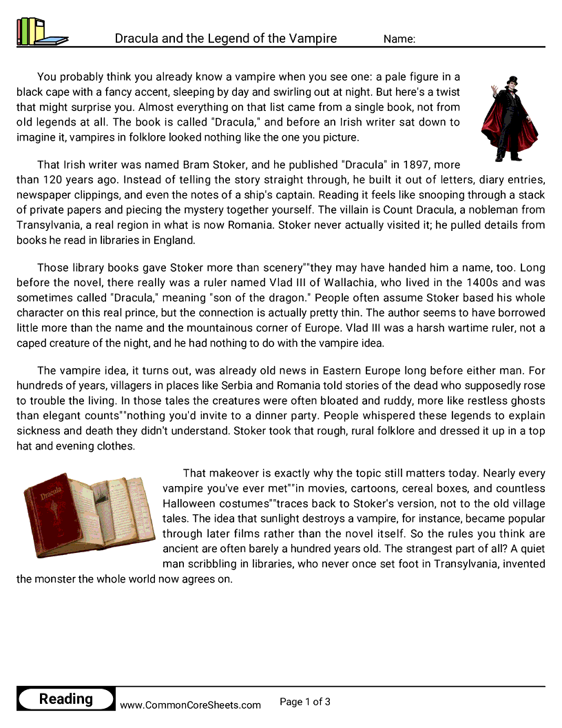 6th Grade 31 Days of Halloween Reading - Dracula and the Legend of the Vampire worksheet