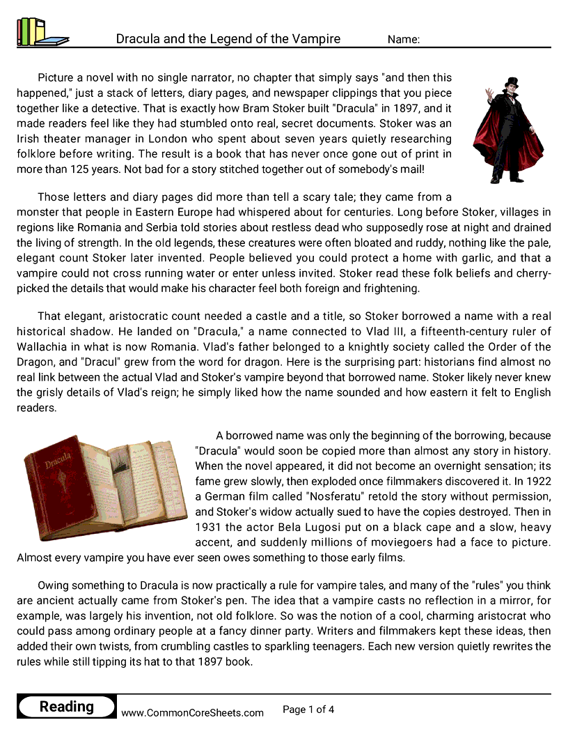 7th Grade 31 Days of Halloween Reading - Dracula and the Legend of the Vampire worksheet