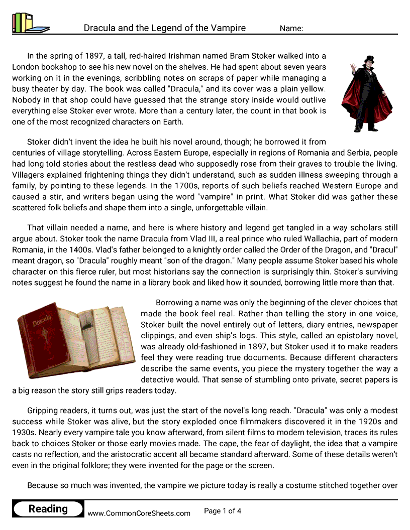 8th Grade 31 Days of Halloween Reading - Dracula and the Legend of the Vampire worksheet