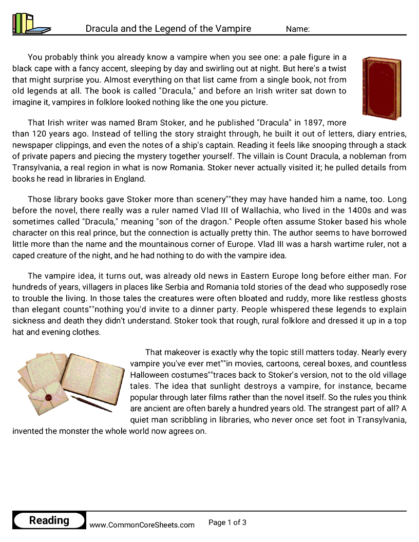 31 Days of Halloween Reading - Dracula and the Legend of the Vampire worksheet