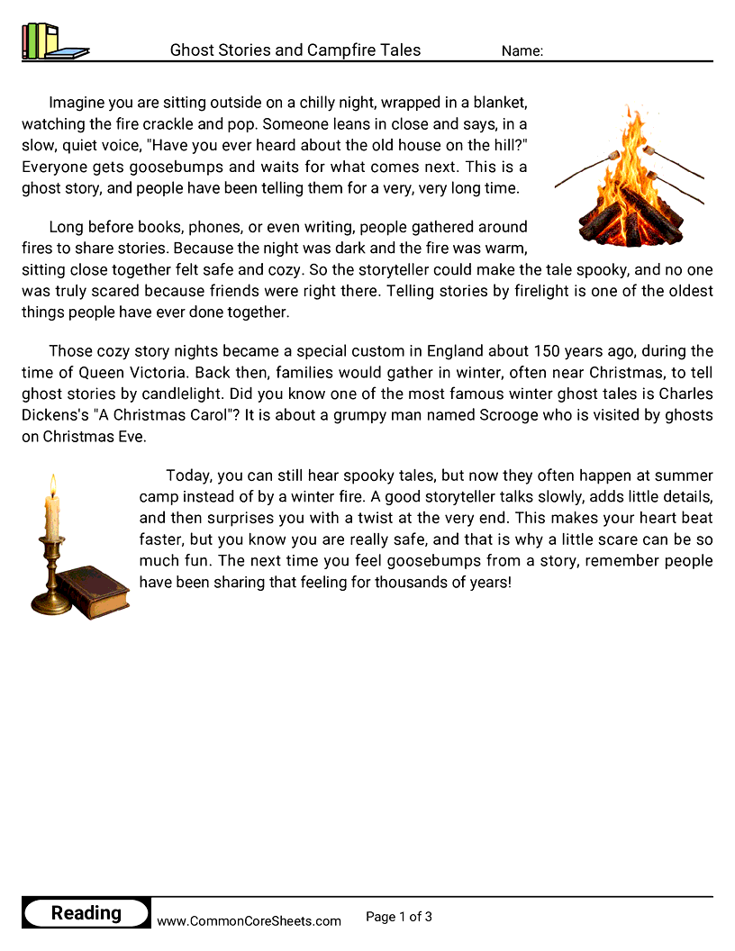 3rd Grade 31 Days of Halloween Reading - Ghost Stories and Campfire Tales worksheet