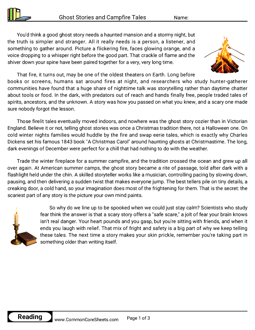 6th Grade 31 Days of Halloween Reading - Ghost Stories and Campfire Tales worksheet