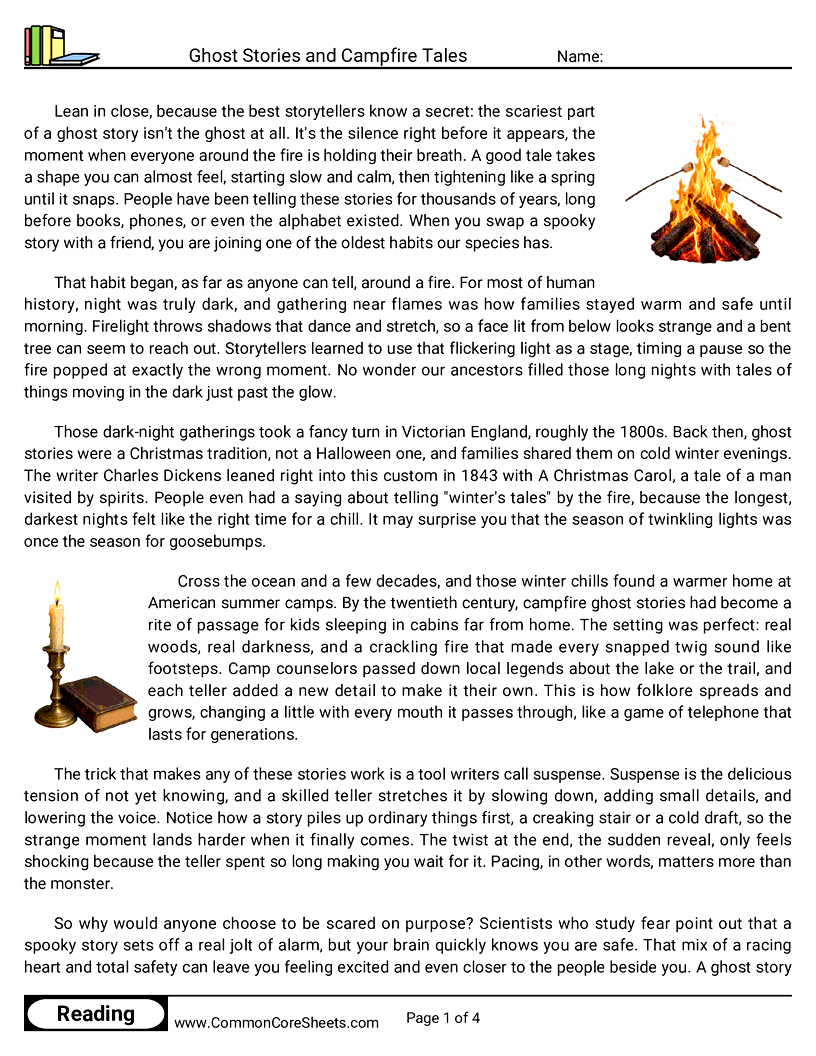 7th Grade 31 Days of Halloween Reading - Ghost Stories and Campfire Tales worksheet