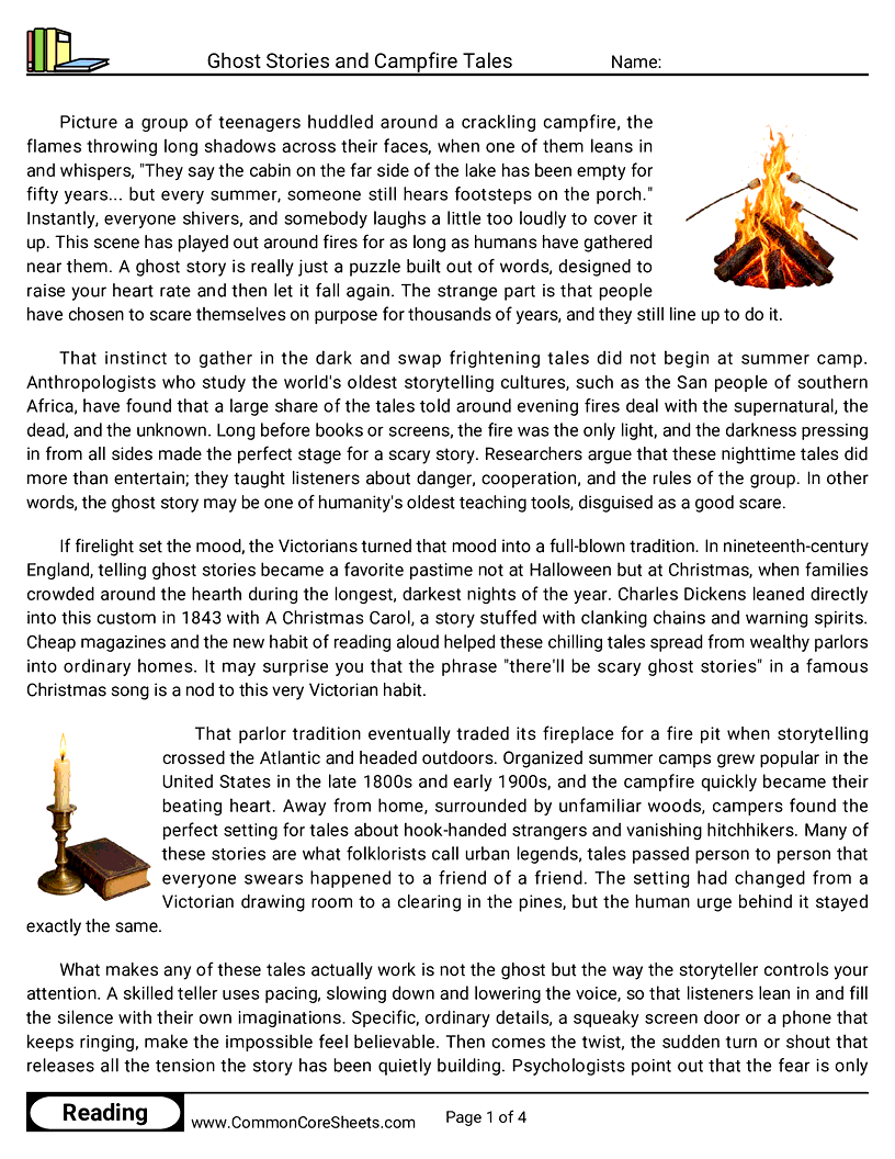 8th Grade 31 Days of Halloween Reading - Ghost Stories and Campfire Tales worksheet