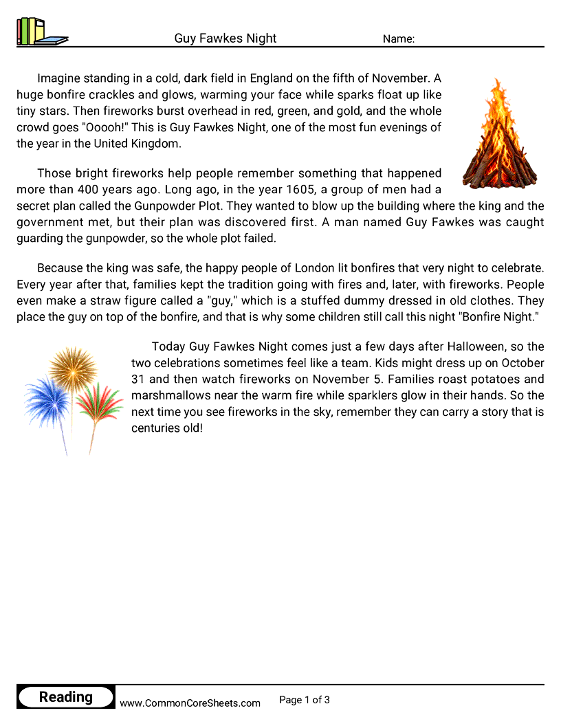 3rd Grade 31 Days of Halloween Reading - Guy Fawkes Night worksheet