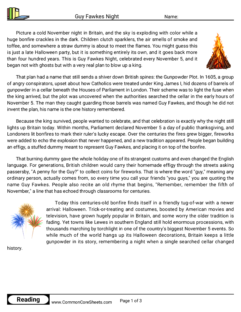 6th Grade 31 Days of Halloween Reading - Guy Fawkes Night worksheet