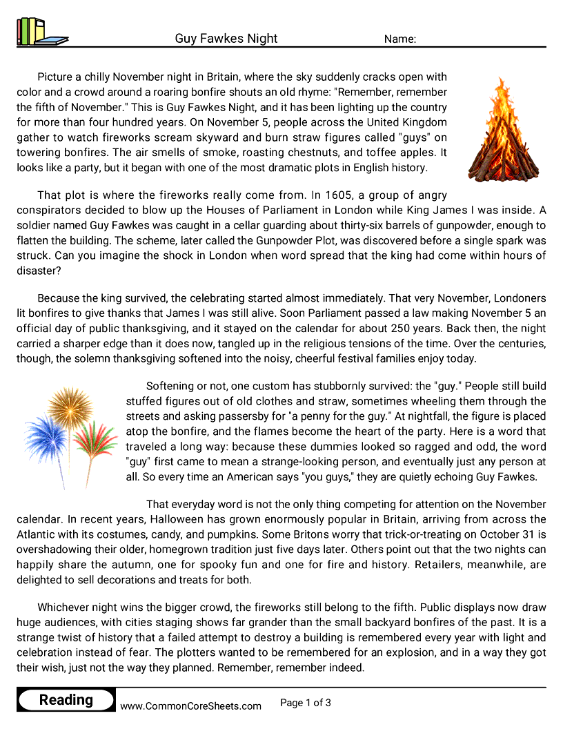 7th Grade 31 Days of Halloween Reading - Guy Fawkes Night worksheet
