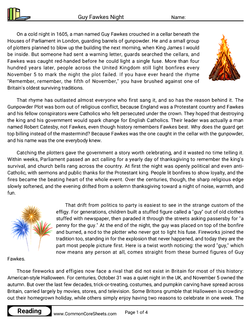 8th Grade 31 Days of Halloween Reading - Guy Fawkes Night worksheet