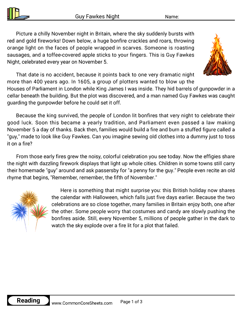 31 Days of Halloween Reading - Guy Fawkes Night worksheet