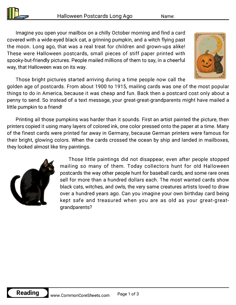 3rd Grade 31 Days of Halloween Reading - Halloween Postcards Long Ago worksheet