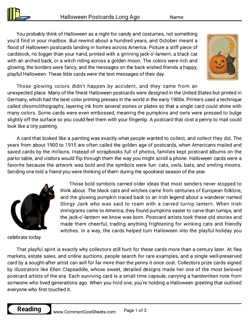 6th Grade 31 Days of Halloween Reading - Halloween Postcards Long Ago worksheet