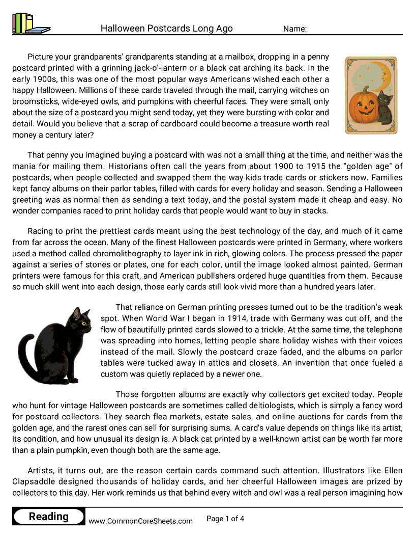 7th Grade 31 Days of Halloween Reading - Halloween Postcards Long Ago worksheet