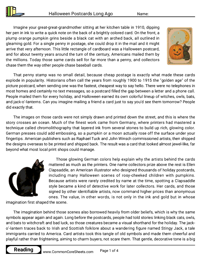 8th Grade 31 Days of Halloween Reading - Halloween Postcards Long Ago worksheet
