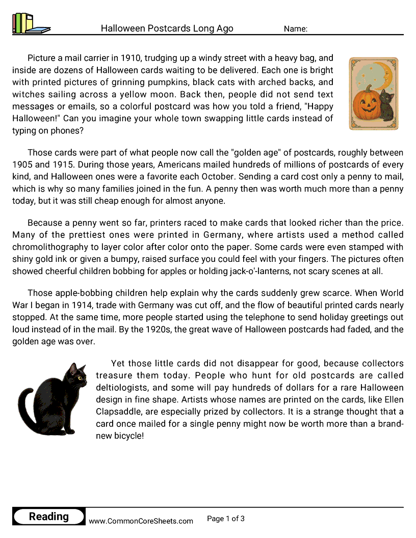31 Days of Halloween Reading - Halloween Postcards Long Ago worksheet