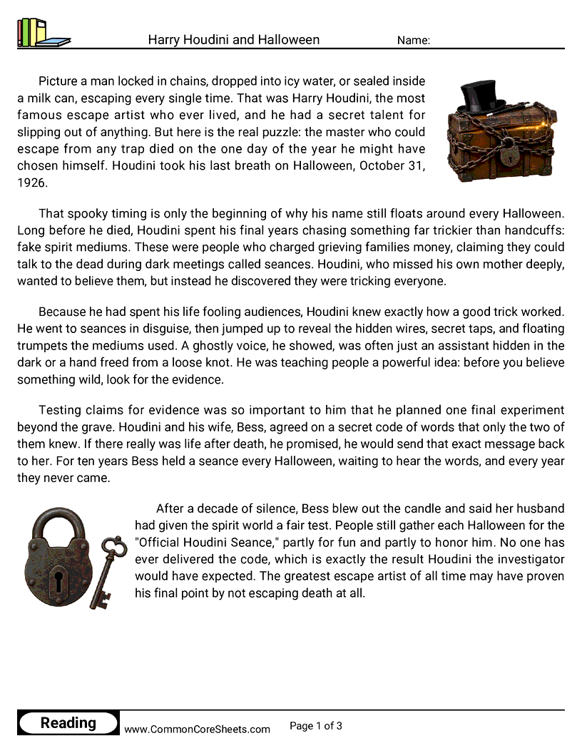 5th Grade 31 Days of Halloween Reading - Harry Houdini and Halloween worksheet