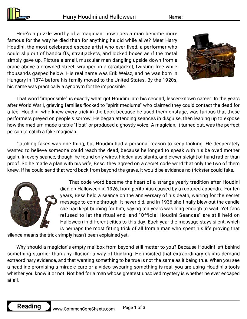 6th Grade 31 Days of Halloween Reading - Harry Houdini and Halloween worksheet