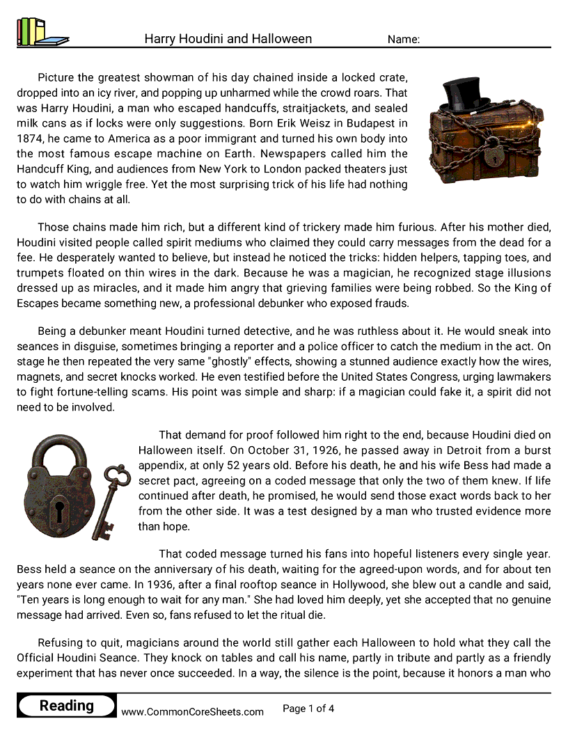 7th Grade 31 Days of Halloween Reading - Harry Houdini and Halloween worksheet