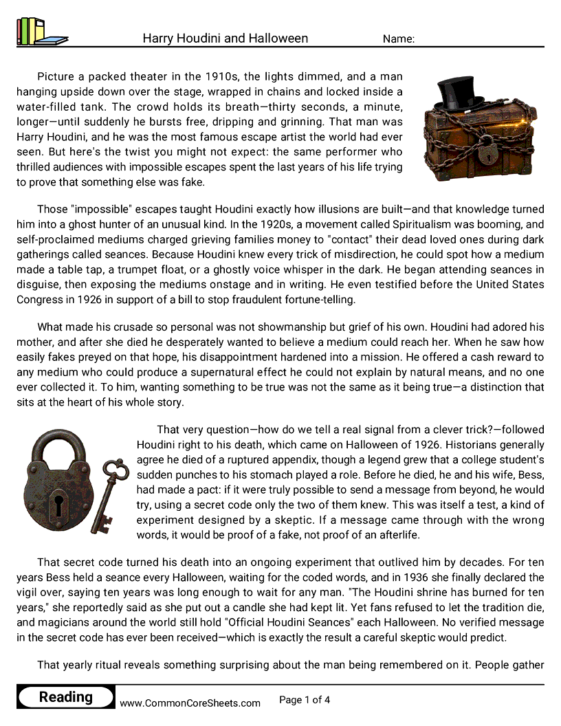 8th Grade 31 Days of Halloween Reading - Harry Houdini and Halloween worksheet