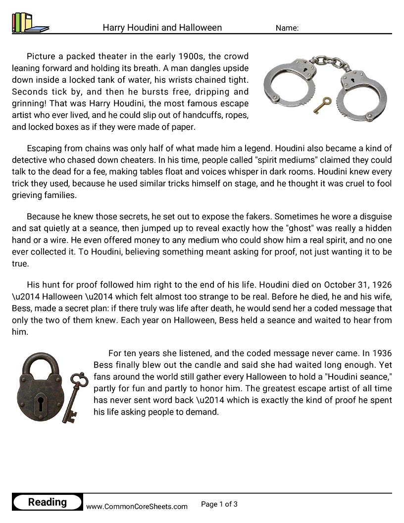 31 Days of Halloween Reading - Harry Houdini and Halloween worksheet