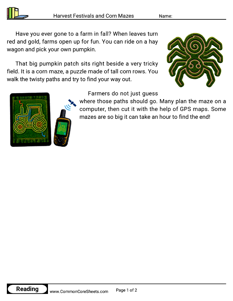 1st Grade 31 Days of Halloween Reading - Harvest Festivals and Corn Mazes worksheet