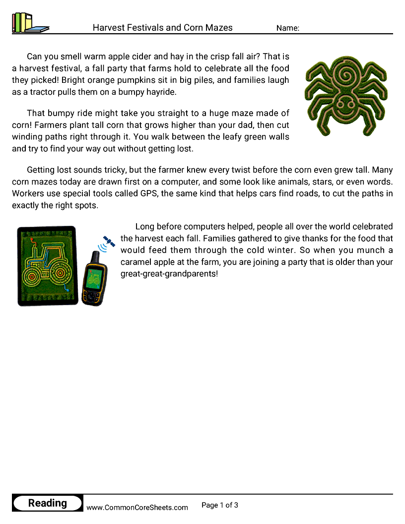 2nd Grade 31 Days of Halloween Reading - Harvest Festivals and Corn Mazes worksheet