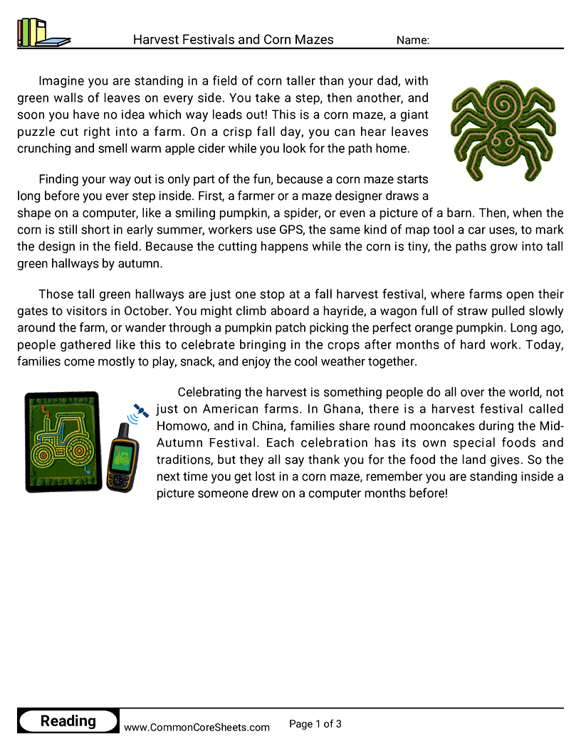 3rd Grade 31 Days of Halloween Reading - Harvest Festivals and Corn Mazes worksheet