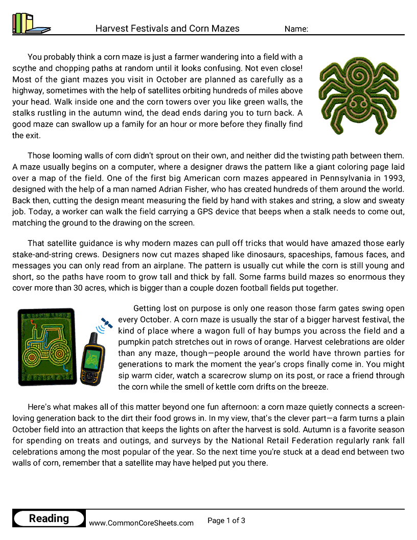 6th Grade 31 Days of Halloween Reading - Harvest Festivals and Corn Mazes worksheet
