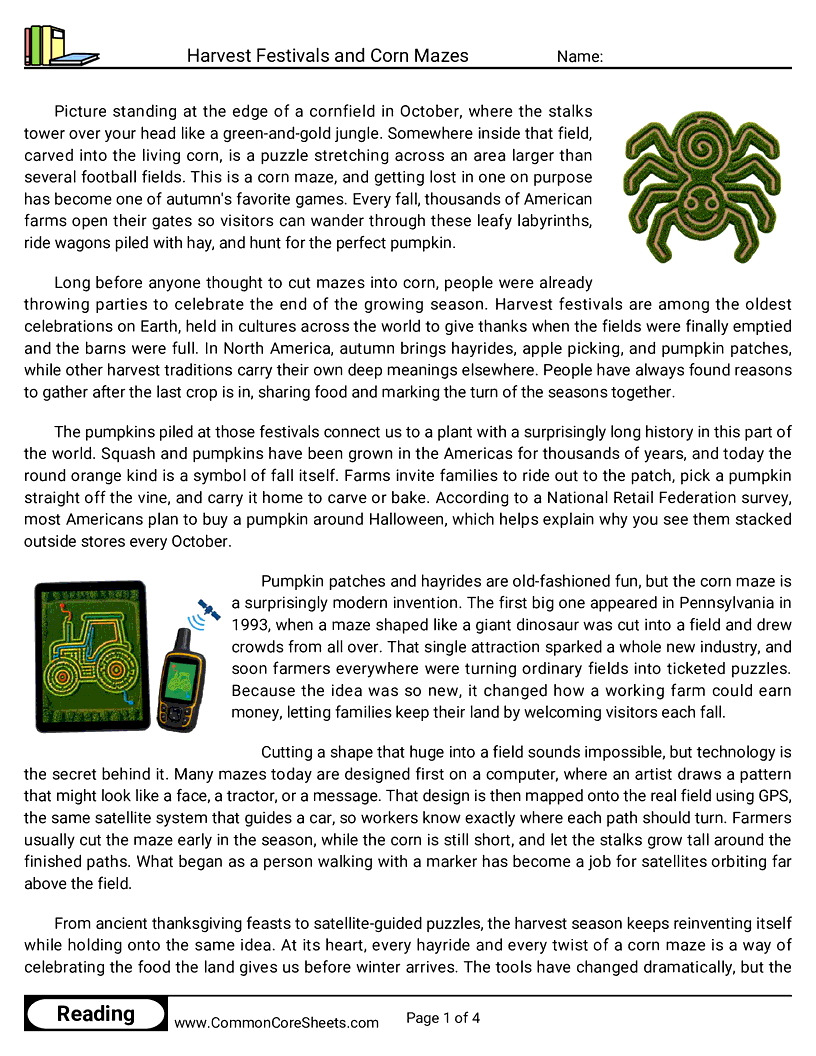 7th Grade 31 Days of Halloween Reading - Harvest Festivals and Corn Mazes worksheet